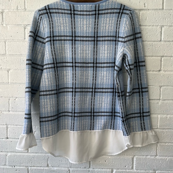 ELLE Plaid Knit Top Sweater Sz M Long Sleeves/Ruffled Cuffs Layered Shirttail. - Picture 7 of 9